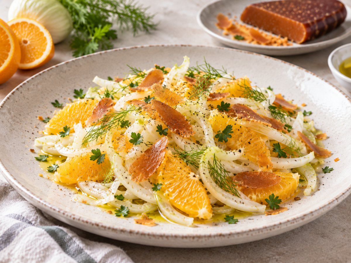 Salade de fenouil, orange et poutargue
