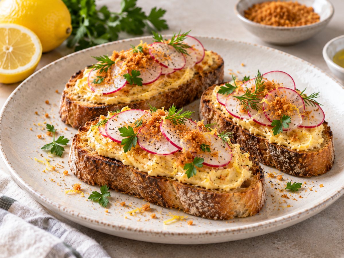 Tartines au beurre de poutargue et radis